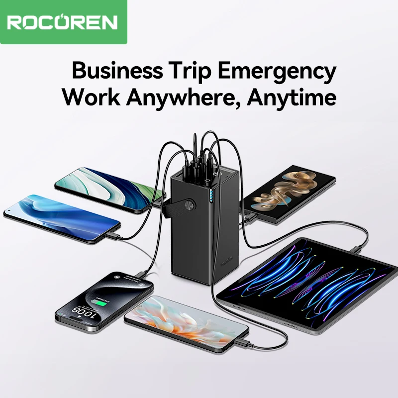 Rocoren 보조배터리 고속 충전 USB C타입 보조베터리, 손전등 포함, 아이폰 15, 14 용 캠핑 외장 배터리, 6 포트, 50000mAh