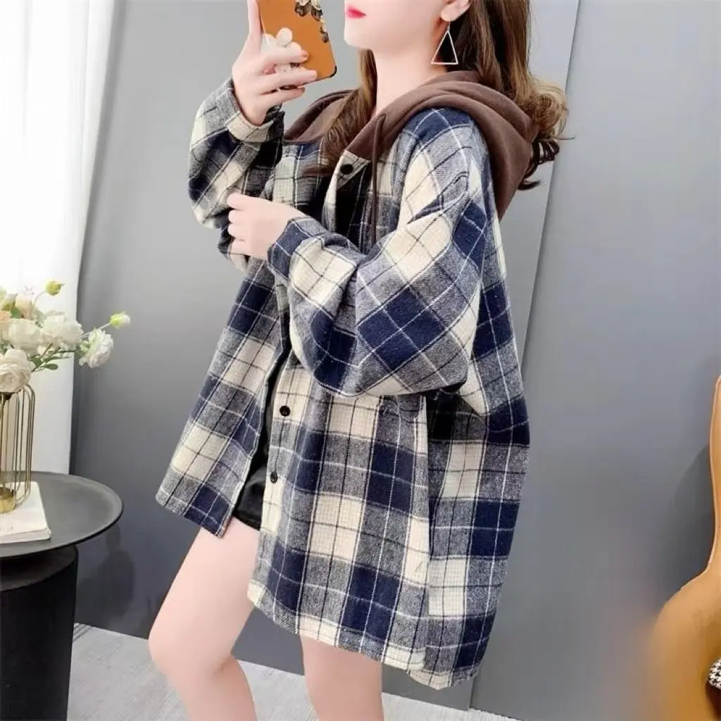 

Women Shirts Winter Warm Long Sleeve Vintage Plaid Female Button Up New Ladies Coats Casual Tops Women's Fleece-lined Hooded