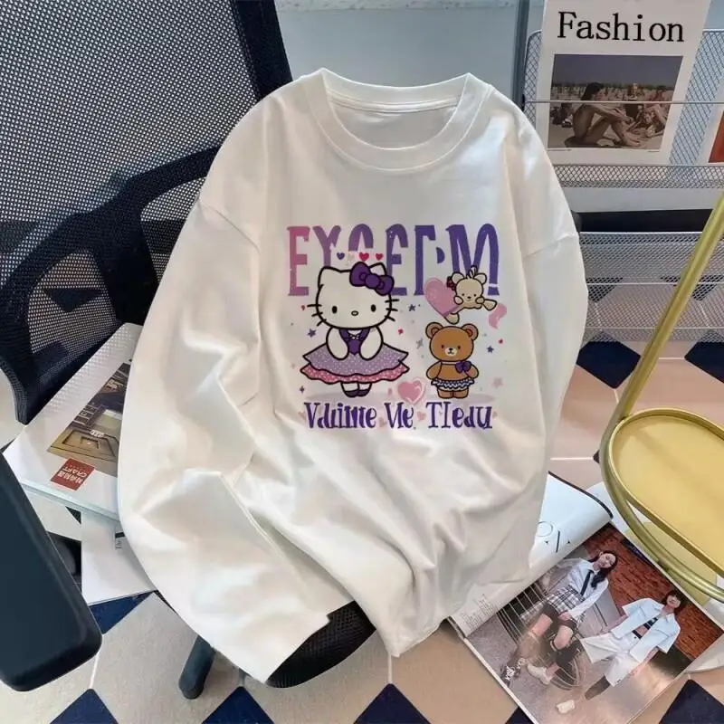 

Sanrio Hello Kitty women's T-shirt tops Cotton American Trendy Brand Autumn Winter Casual Loose Long Sleeve White Streetwear