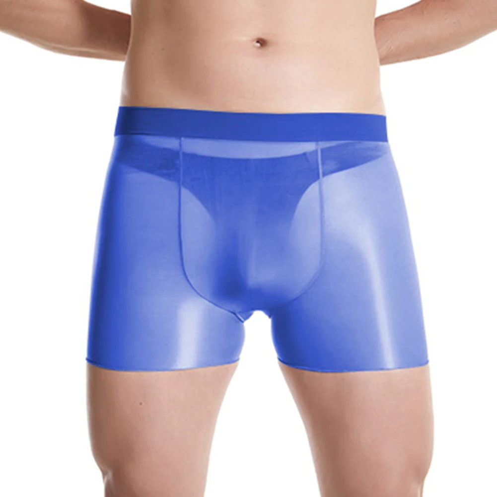 Boxer Briefs Men Underwear Daily Breathable Elastic High Glossy Lingerie Nylon Oil Shiny Panties Pouch See Through