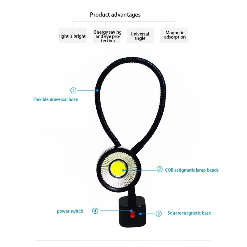 LED Work Light Magnetic Base Flexible Gooseneck Lamp 220V 5W for Lathe Milling Drill Press Industrial Lighting, Eu Plug