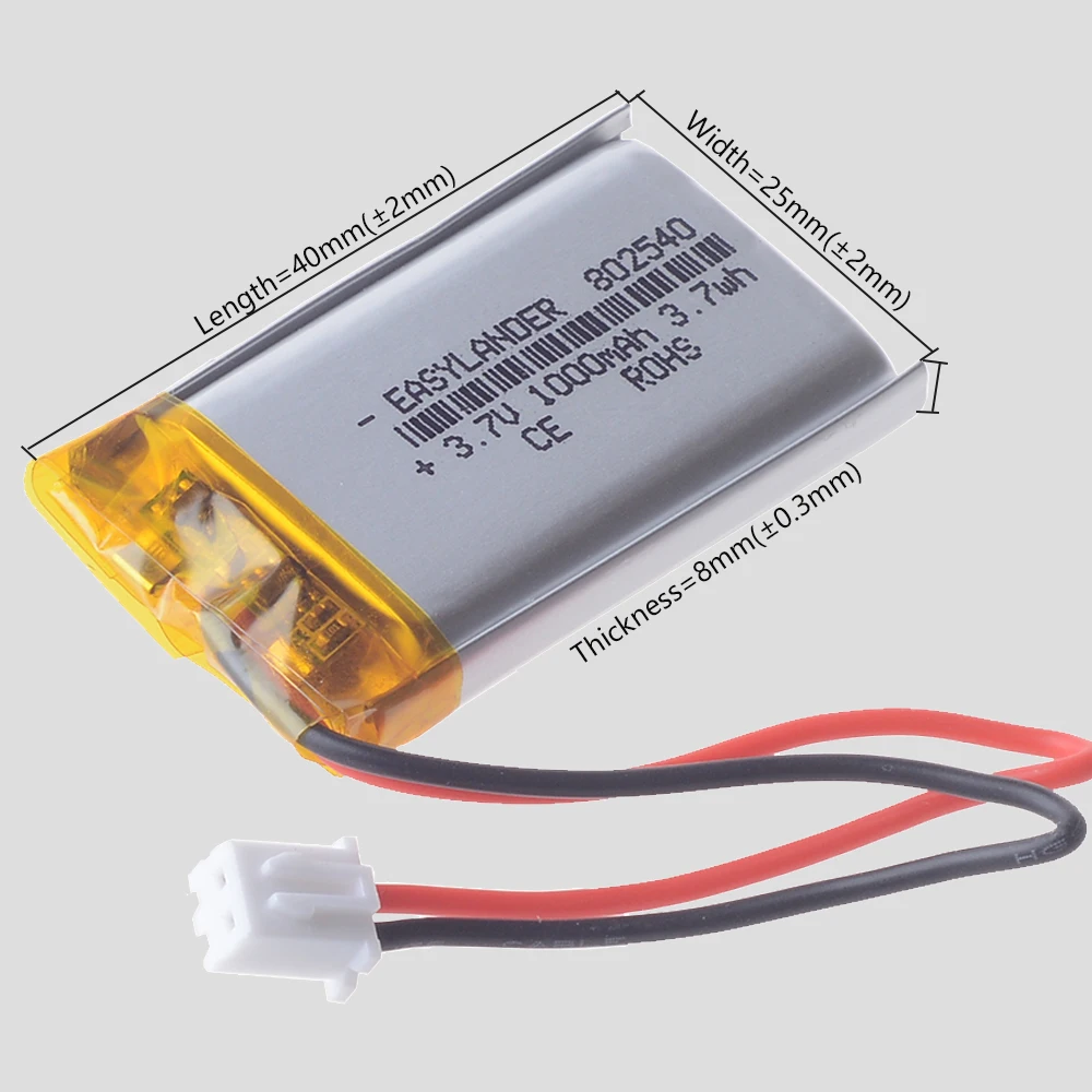 JST2.54 2P 3.7V 1000mAh 802540 Lithium Li Polymer Battery 302540 402540 502540 602540 702540 902540 102540