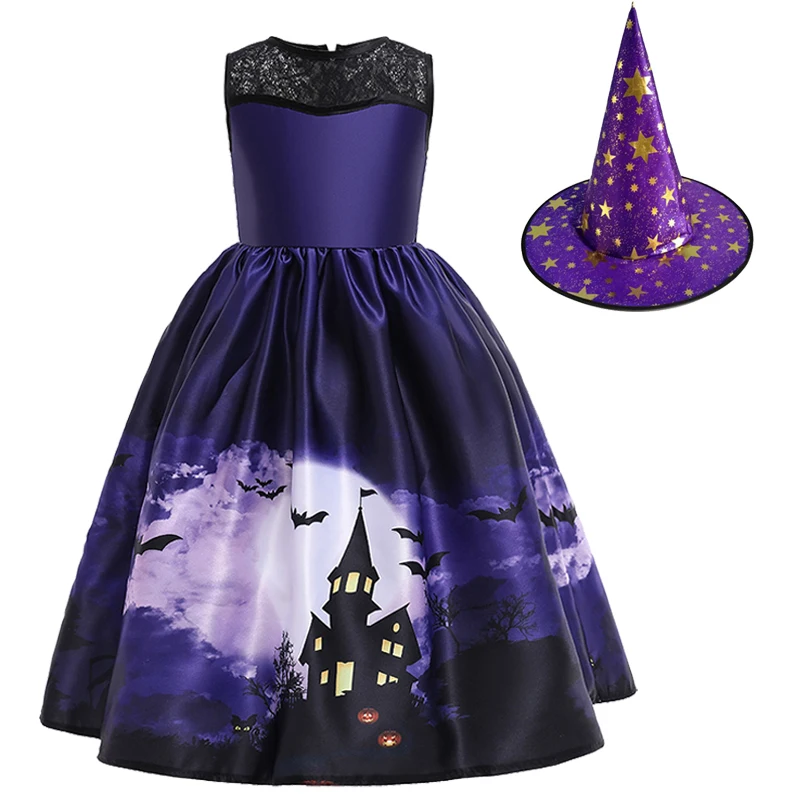 2024 New Halloween Pattern Girls Dress Kids Carnival Party Costume Pumpkin Witch Cosplay Princess Dress 5 6 7 8 9 10 11 12 Year