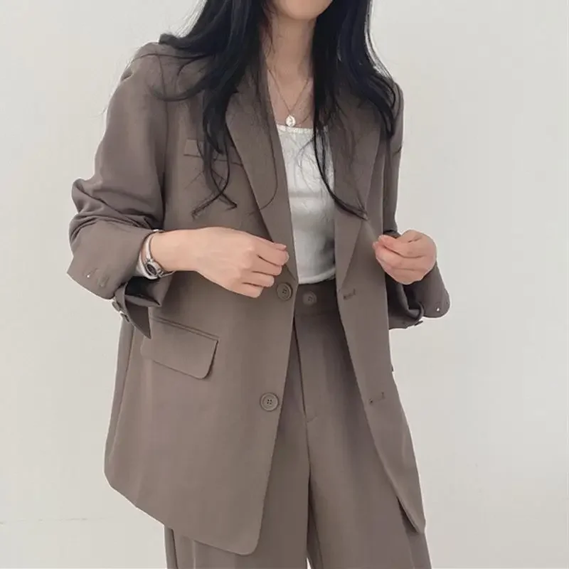 DAYIFUN-Chic Long Sleeve Blazers for Women Suits Coats and High Waist Pants Sets Office Lady Buttons Loose Blazer or Trousers