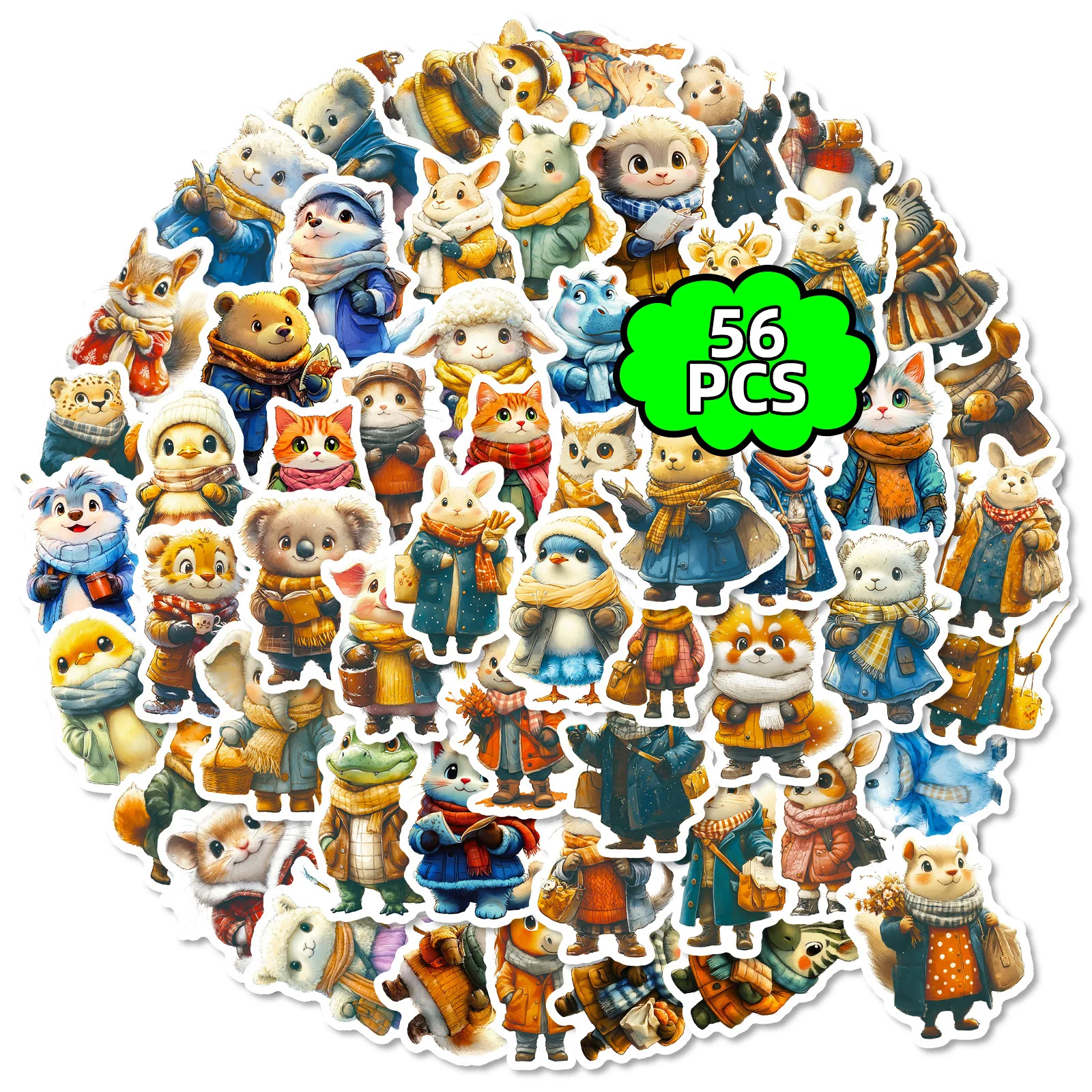 56 Pcs HD Vivid Vintage Winter Animal Doodle Stickers Creative for Phone Case Scrapbook Stationery Box Lunch Box Binder Decals