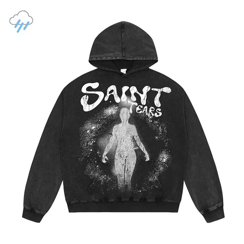 

2024 Autumn Winter Best Quality Cotton Oversize Pullover Hooded Crack Character Letters Logo Print Saint Tears Hoodie Black Blue