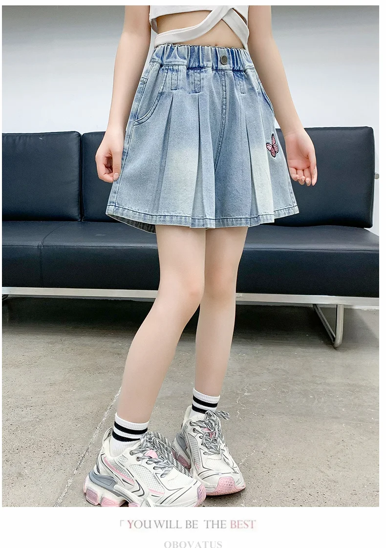 Modische Mädchen-Sommer-Denim-Shorts mit Schmetterling, elegante, modische, plissierte Shorts für Kinder und Teenager, lässige knielange Jeanshose, Größe 5-14 – Detail 4