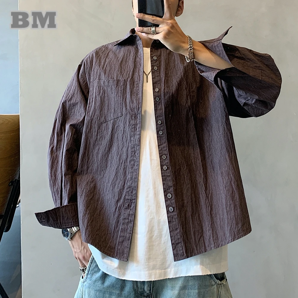 

Korean Retro Distressed Wrinkled Long Sleeve Shirt Men Streetwear Solid Color Loose Casual Top Spring Autumn Oversized Thin Coat