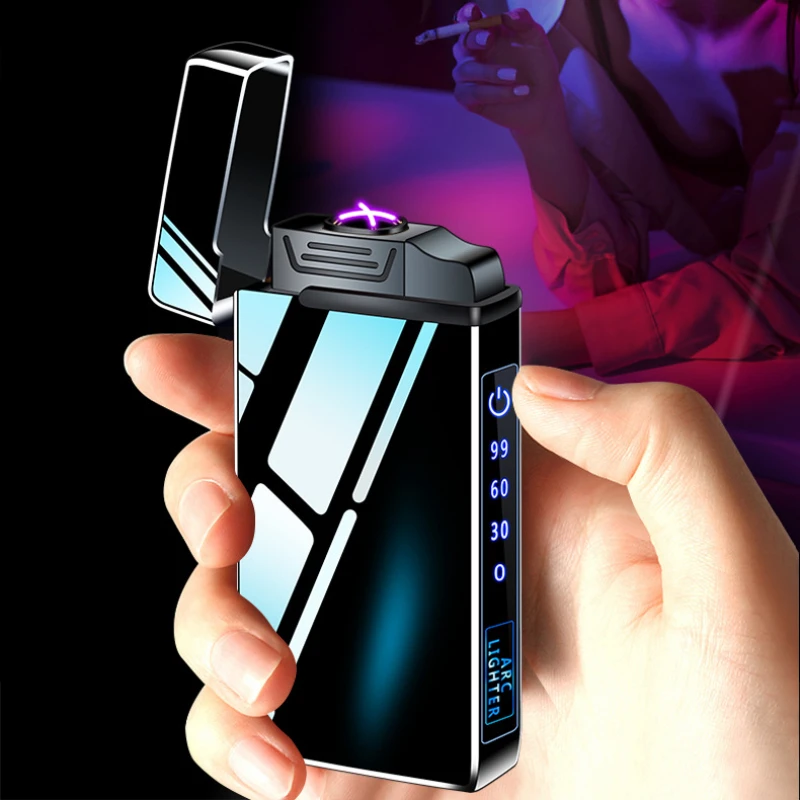 New Metal Windproof Dual Arc USB Lighter Rechargeable Butane Gas Electric Lighter LED Screen Display Lighter Portable Men Gift