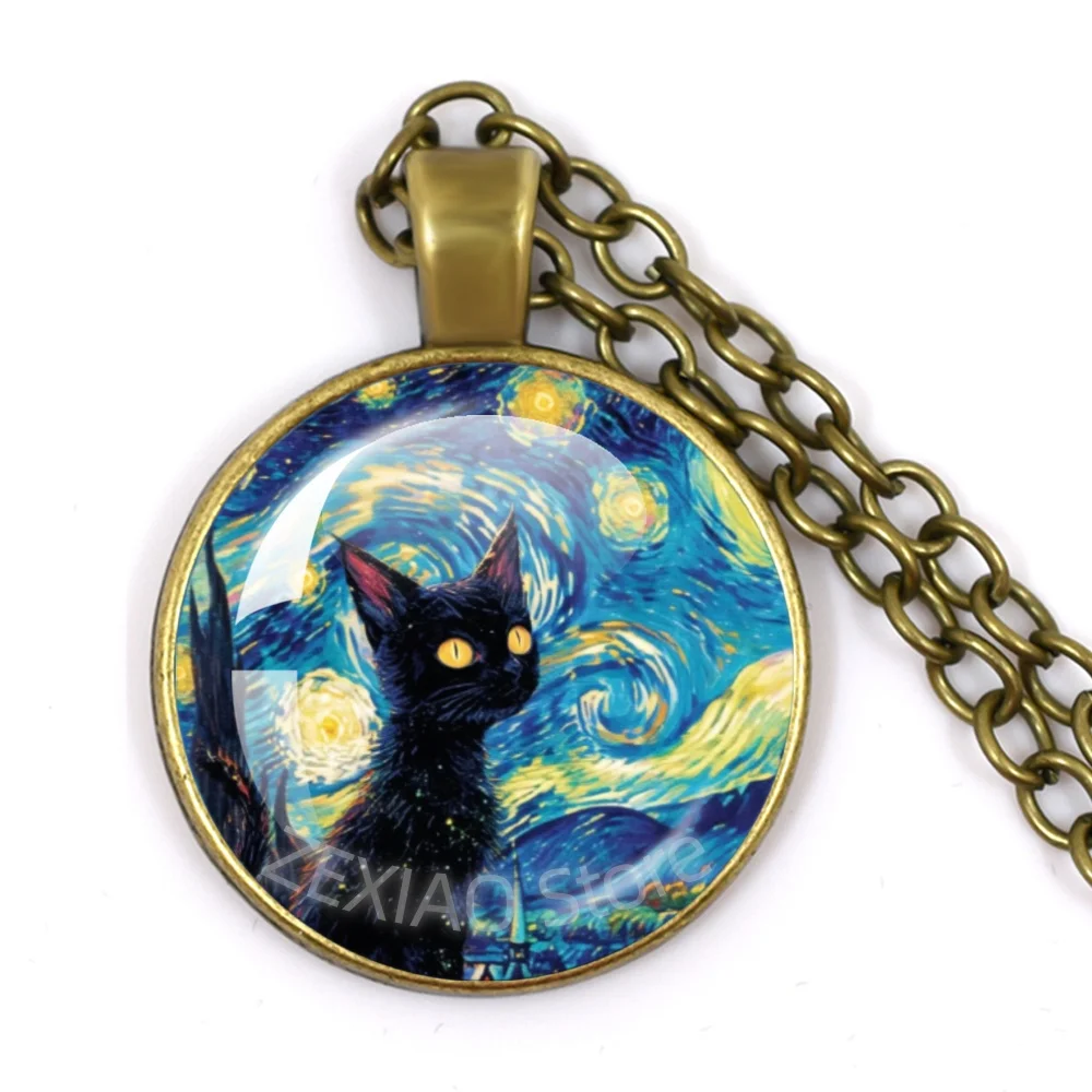 Van Gogh Cat Painting Glass Pendant Necklace Vintage Blue Style Art Oil Printed Necklace Design Gifts Jewelry