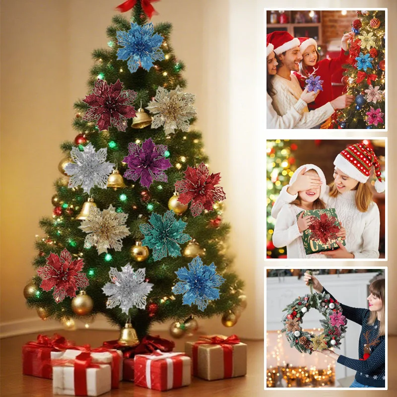

12PCS Christmas Flower Heads Colorful Glitter Powder Xmas Flower for Noel Tree Decoration Navidad Party Table Setting Supplies