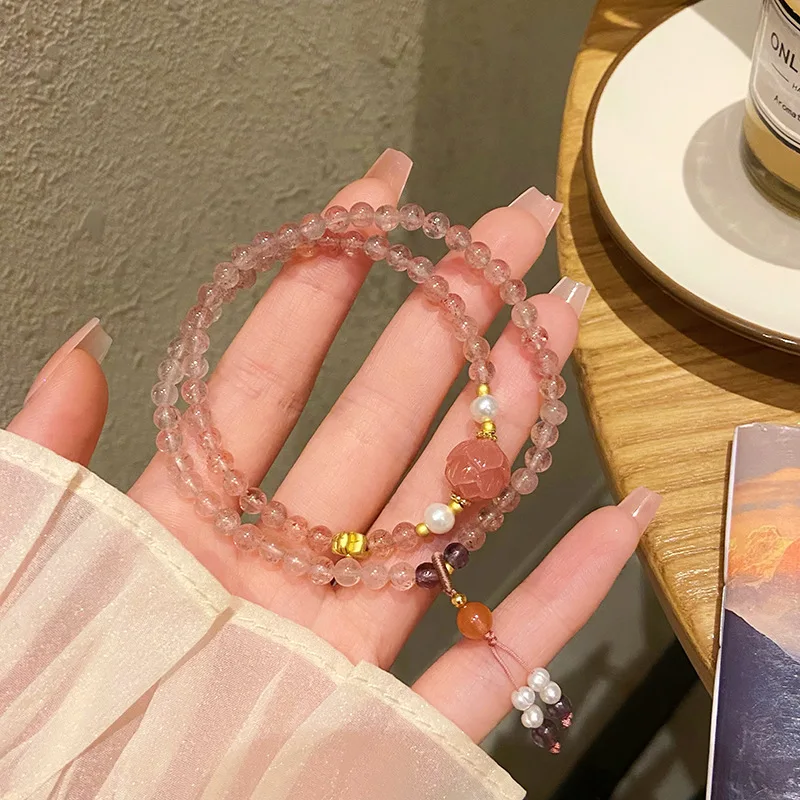 New Chinese Sweet Fresh Fairy Style Strawberry Quartz Thin Double Ring Bracelet Gentle Temperamental Minority Lotus Bracel