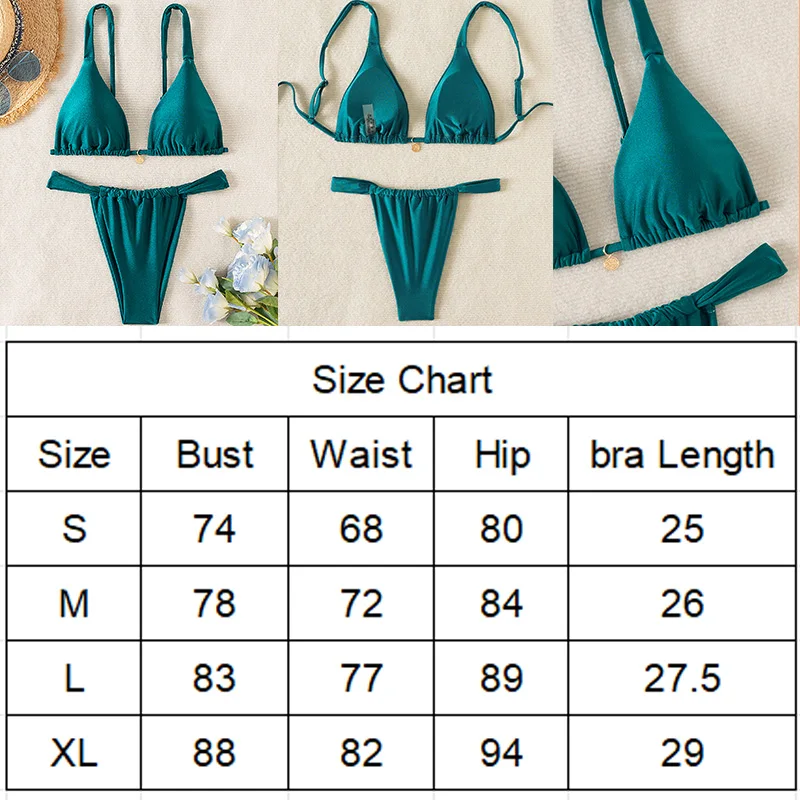 Green Drawstring Bikini Set Tie Straps Tong Triangle Pad Bra Sexy Swimming Suit Female Strip Swimwear