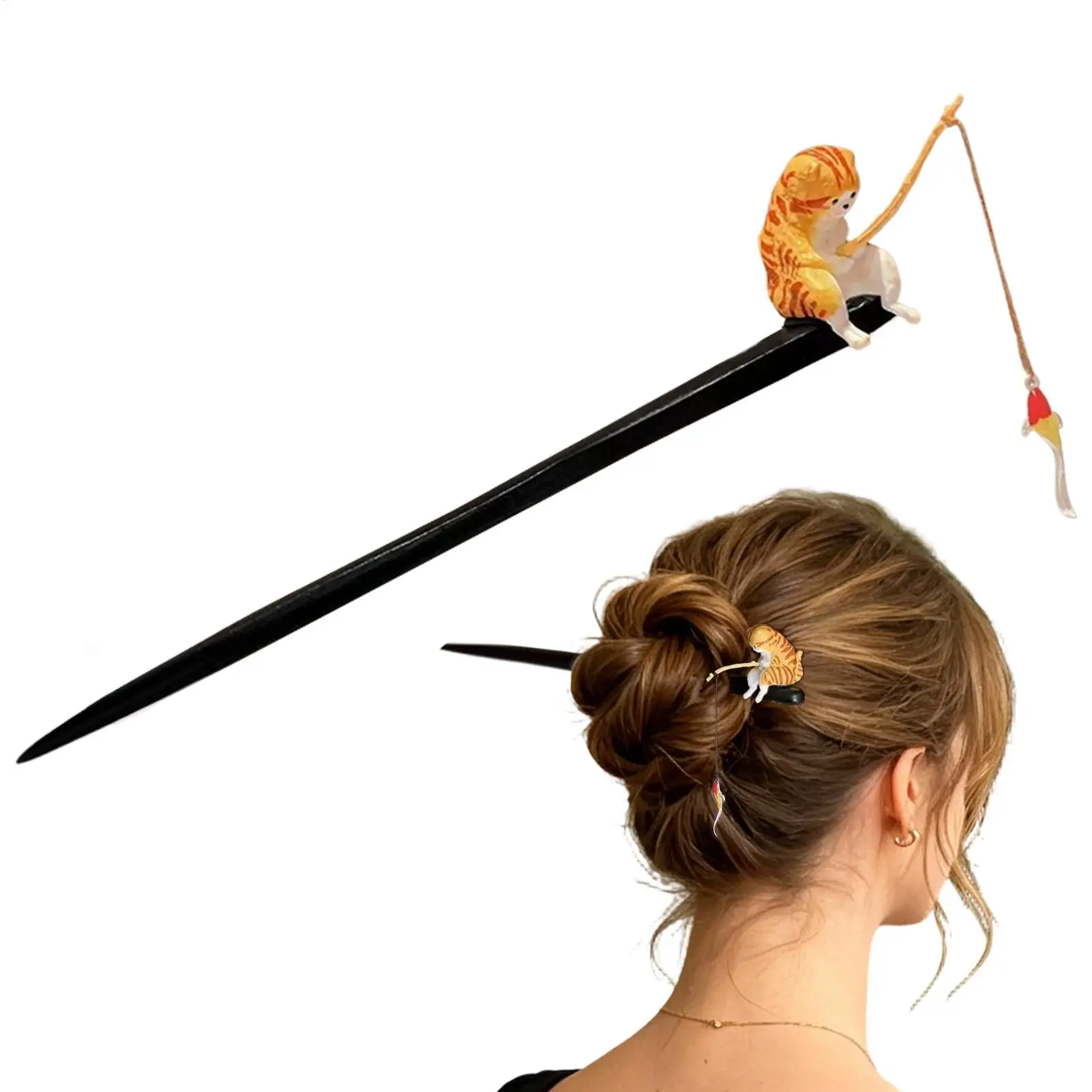 

Wooden Hair Sticks Wooden Decorative Cat Fishing Hairpin Retro Hair Chopsticks for Women Girls Teens Daily Banquet Etiquette Tea