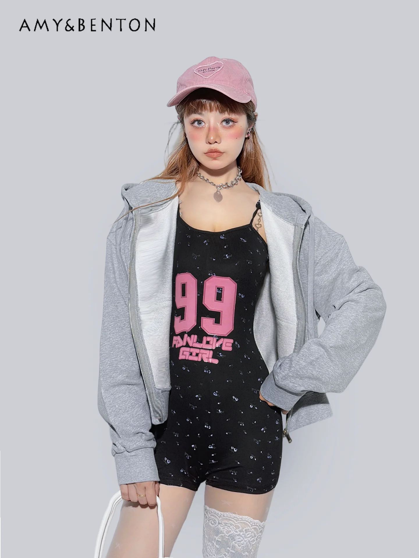 

Spring and Summer New Sports Style Women's Black Slim-fit Letter-printed Suspender Jumpsuit with Chest Pad Gray Short Coat