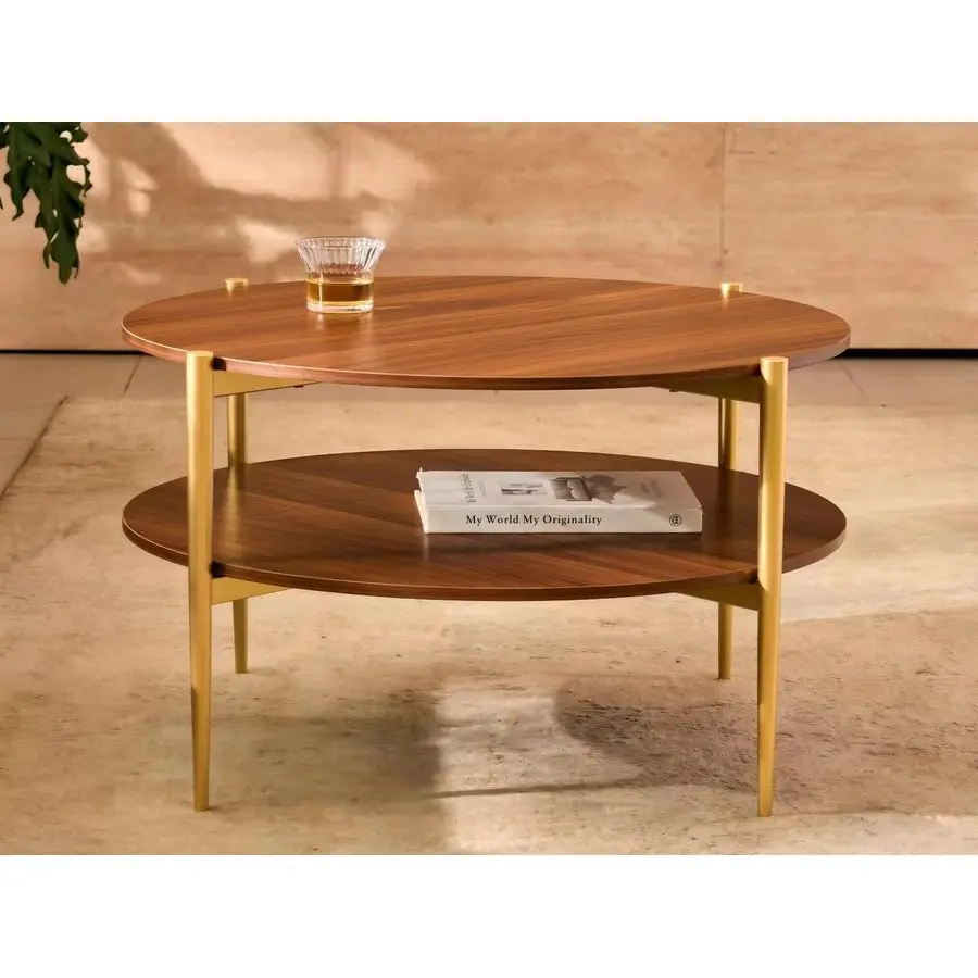 Mesa de centro redonda de vidrio, diseño moderno de mediados de siglo, D30 x H17 pulgadas, mesa redonda de dos niveles con estantes de MDF de nogal, elegante cono