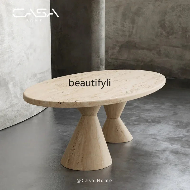 xzNatural travertine large dining table designer French wabi style oval retro luxury stone dining table