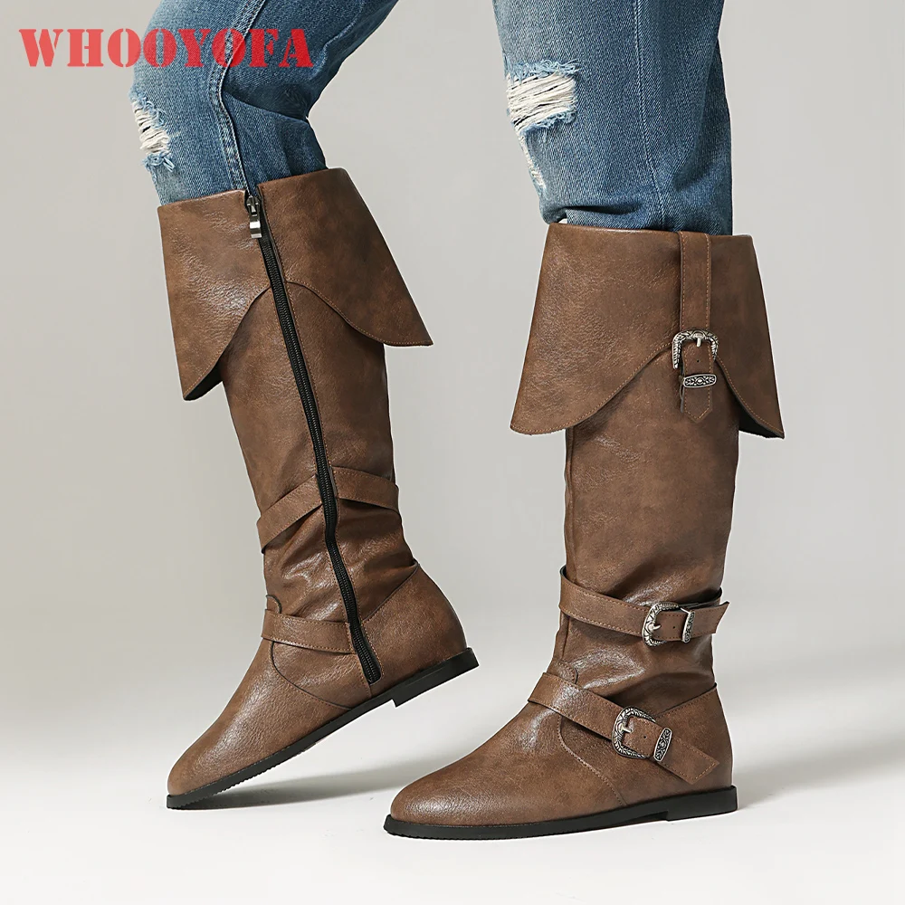 

2025 Winter New Comfortable Brown Khaki Women Mid Calf Boots Round Toe Flat Lady Casual Shoes Plus Big Size 42 45 48