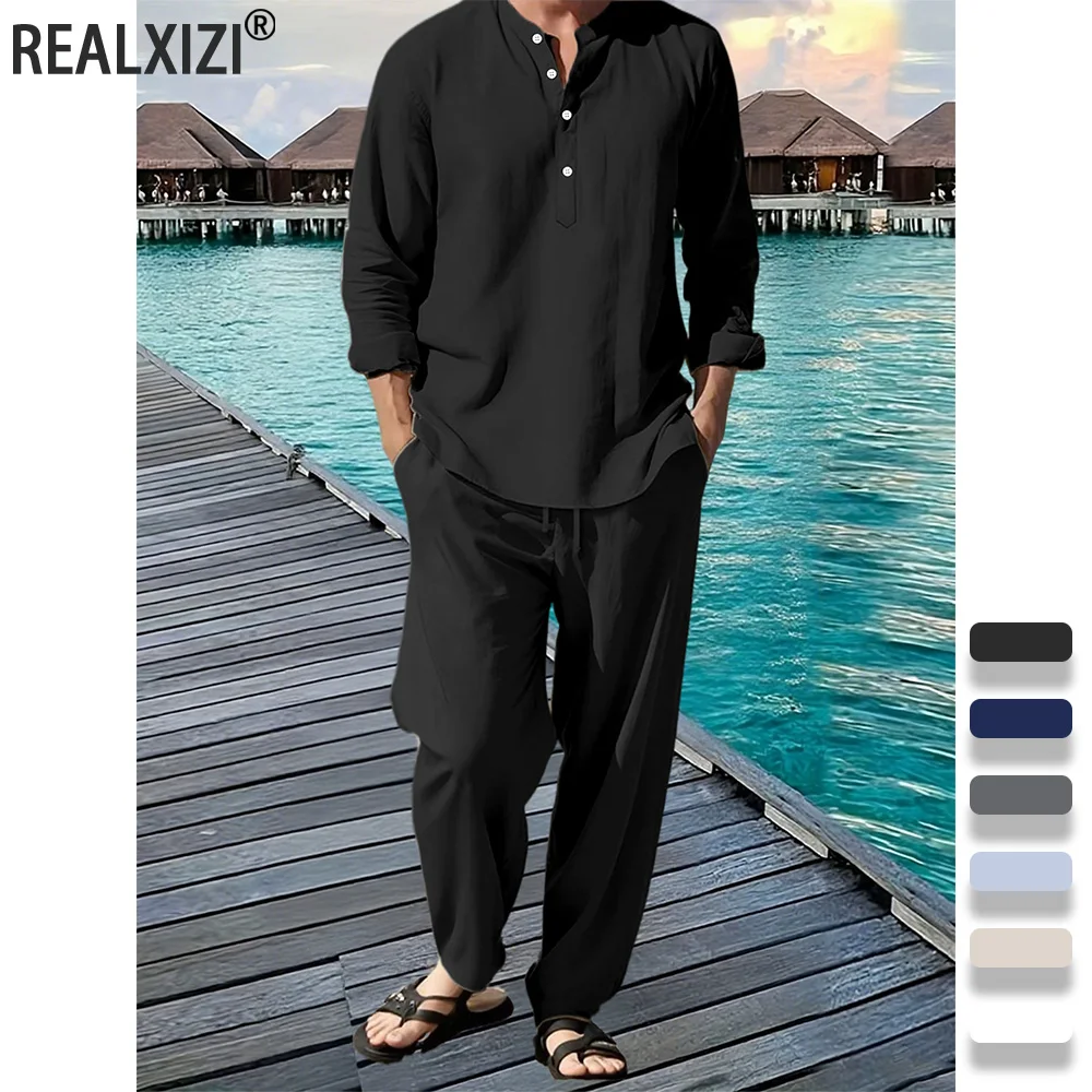 

Men's Shirt Pants Suit Summer Solid Color Casual Long Sleeves Pants Two Pieces Breathable Beach Hawaiian Vacation Shirt Trousers