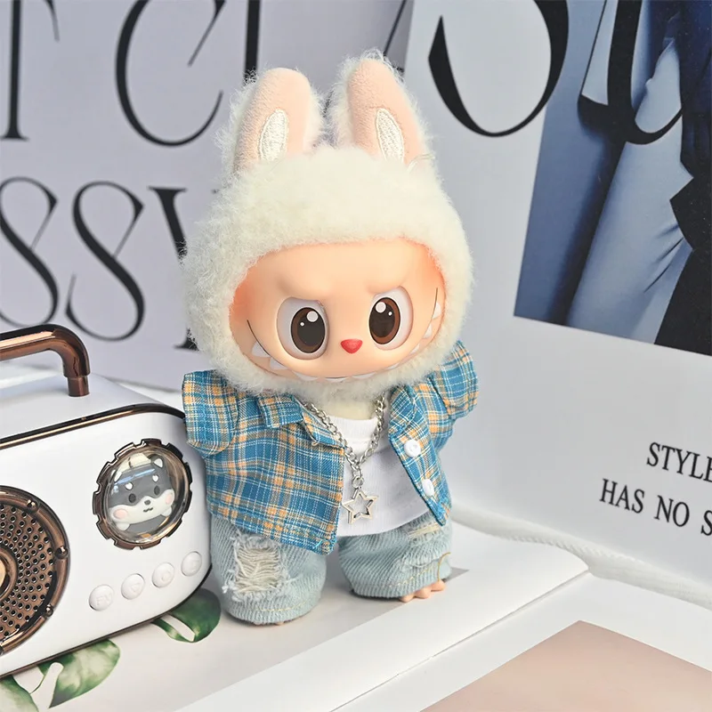 17cm Doll Blue Plaid Shirt And Hole Ripped Denim Jeans Set For Labubu Cloths Doll Replacement Clothes Toy Accessories Dolls Bag