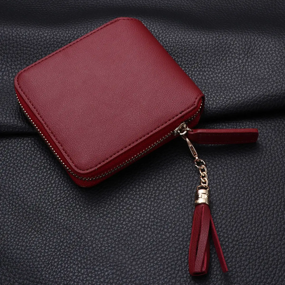 

Short Wallet For Women Fashion Pu Clutch Purse With Tassel 10X10.5X2.1Cm Lightweight Daily Use Wine Red Handbag