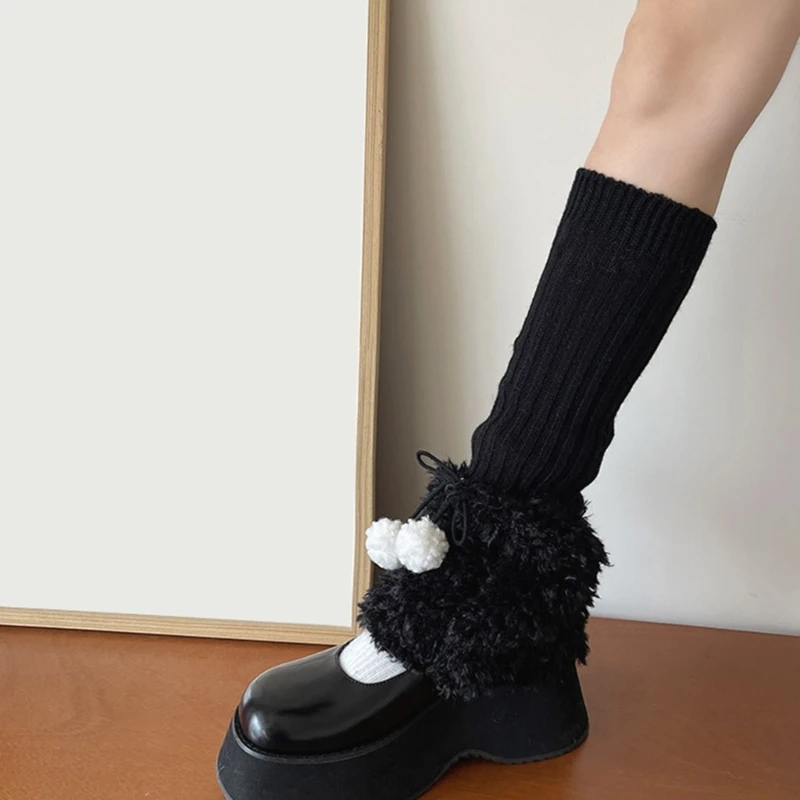 Cozy Furry Leg Warmers Bows Ribbed Knit Patchwork Footless Socks for Women