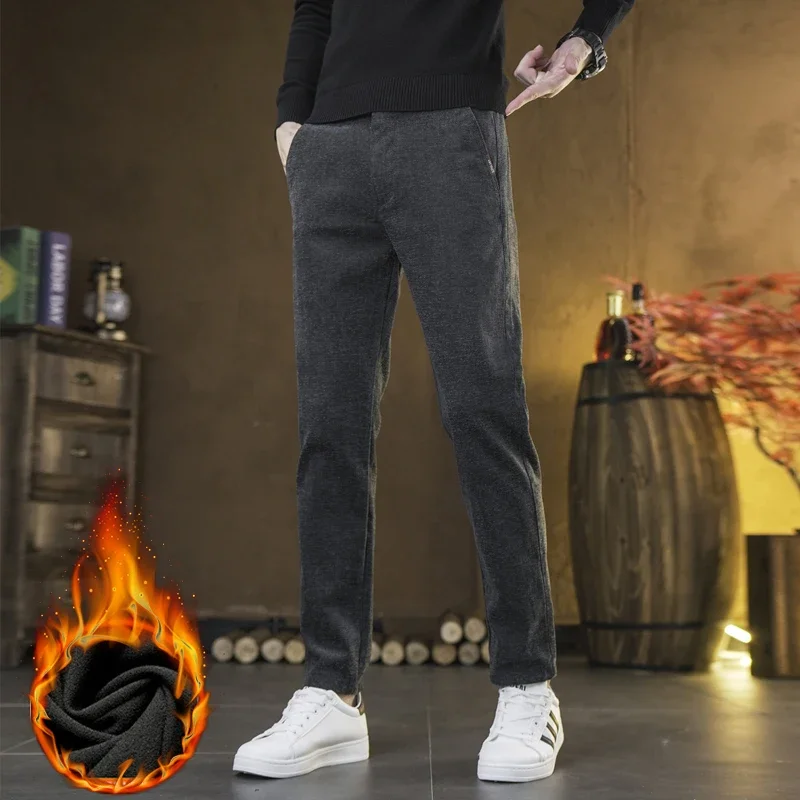 2025 inverno novas calças de lã de chenille masculinas quentes finas retas calças casuais moda versátil madura high-end calças compridas