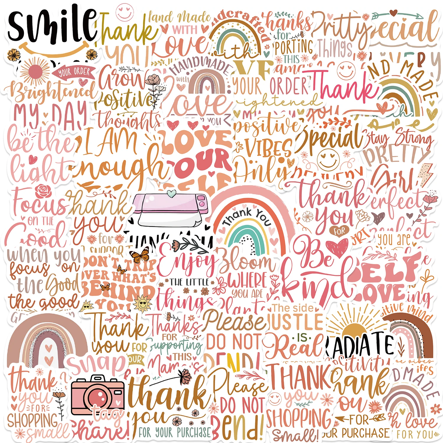 50Pcs Boho Thank You Stickers For Water Bottle Laptop Luggage Skateboard Scrapbook Decal Party Gifts Graffiti Aesthetic Sticker