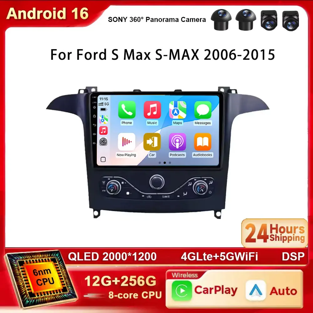 Android 16 2K QLED Carplay For Ford S Max S-MAX 2006-2015 For Ford Galaxy 2014 Auto Radio Stereo Multimedia Player GPS 4G WIFI