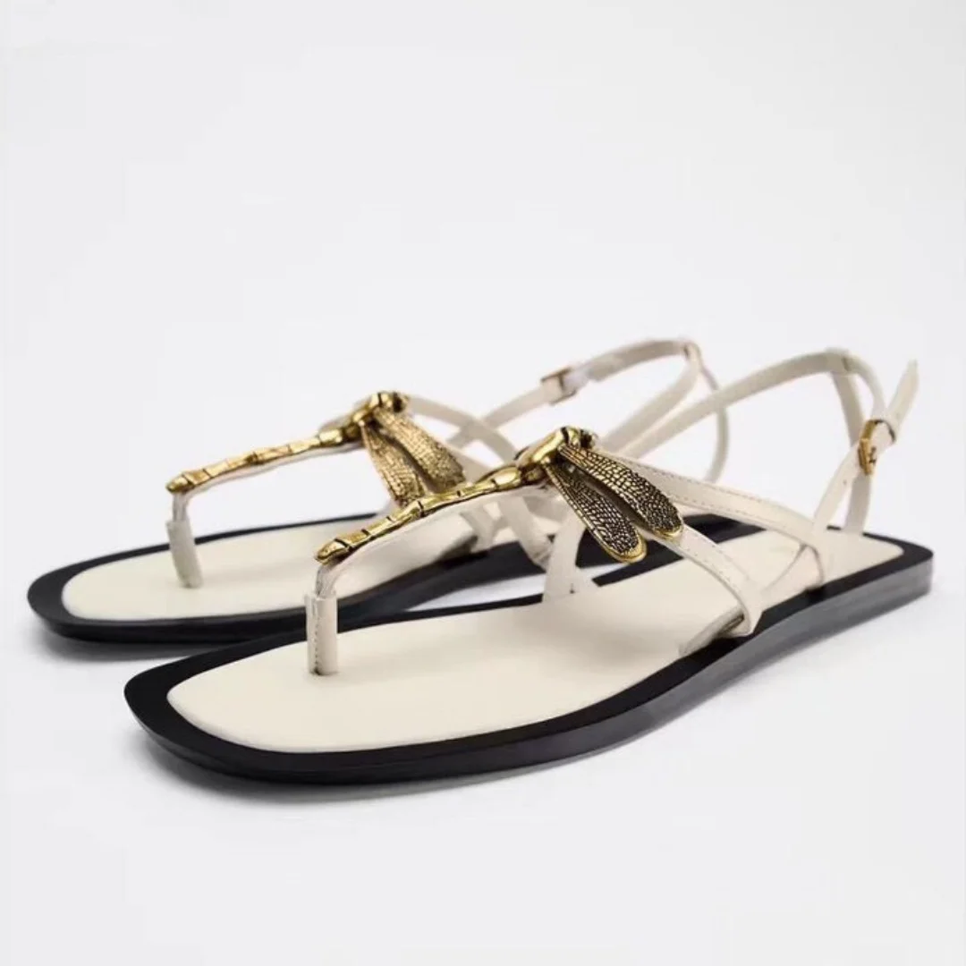 

Gold Dragonfly Shape Decorate Women's Shoes Light Beige Metal Decorations Embellished Rear Strap Casual Flat Sandals Dressing