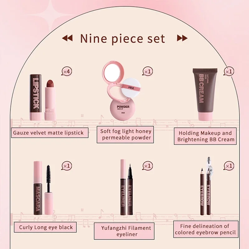 Set regalo per trucco in nove pezzi, Set regalo in polvere, colla, rossetto in edizione limitata, Mascara, Set di matite per sopracciglia regalo per moglie