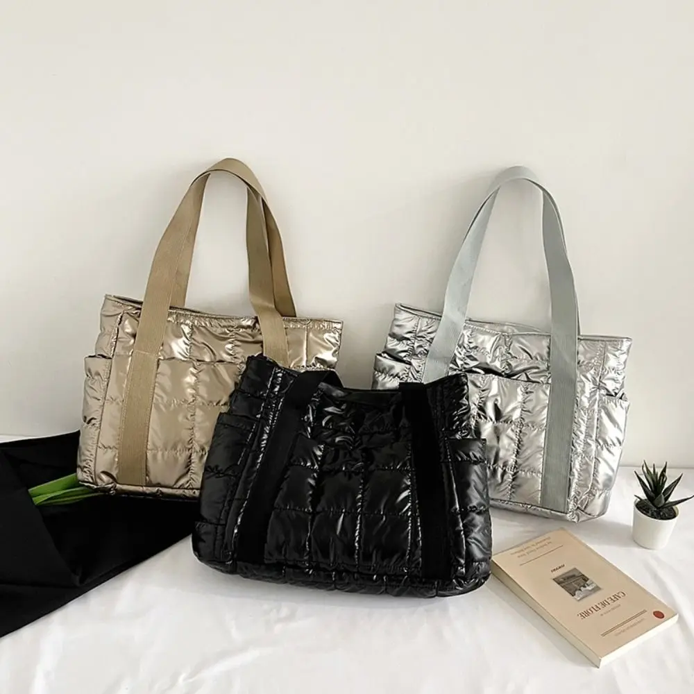 

Korean Style Down Cotton Shoulder Bag Checkered Large Capacity Cotton-padded Tote Bag Space Cotton Lightweight Puffy Bag