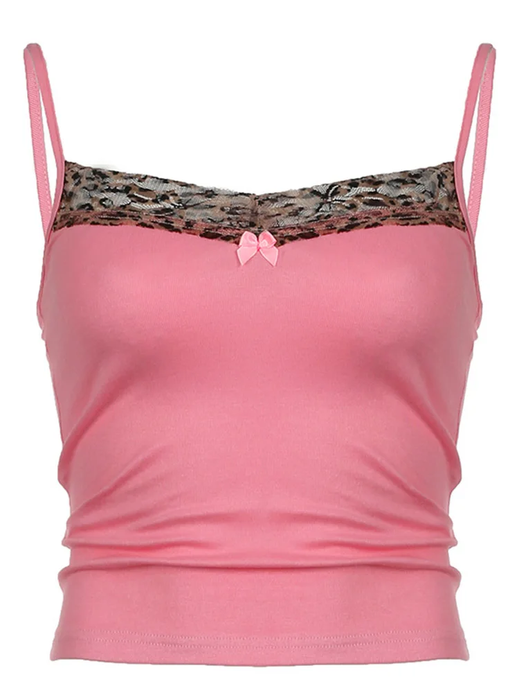 

Vintage Leopard Print Stitched Crop Top Women Casual Sleeveless Bow Patchwork Strap Tees Y2K Summer Fashion Ladies Top