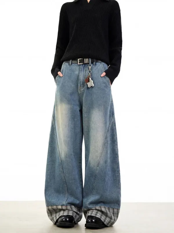 

TANGZ STUDIO American Retro Waed Denim Pants Men Loose Wide Leg Casual Long Trousers Trendy Brand Low Waist Patchwork