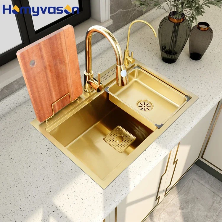 Modern Multifunction 304 Stainless Steel Single Gold Tap Pull Out Kitchen Mixer Tap Knife Holder Kitchen Sink With Drainboard
