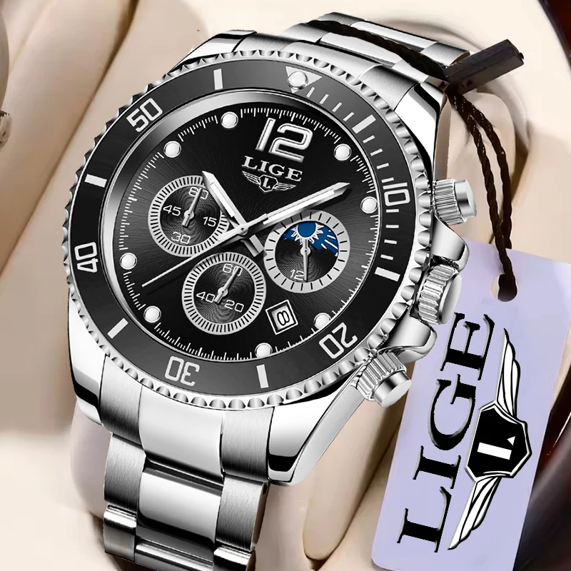 

Мужские часы LIGE New Big Dial, топовый бренд, роскошные спортивные хронографы, водонепроницаемые, с люминесцентным покрытием, кварцевые.