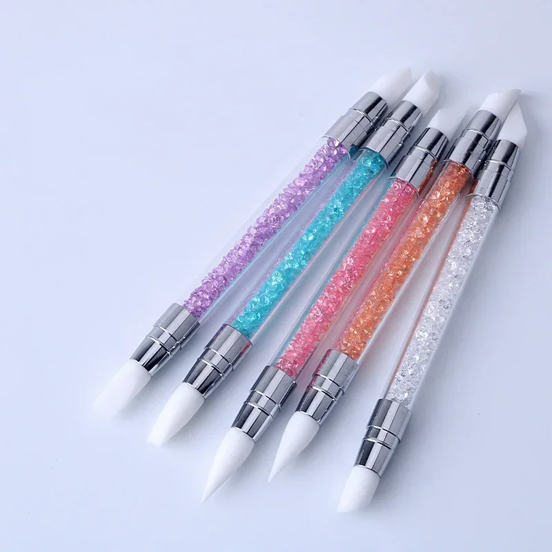 1 pieza de bolígrafo de doble punta con cabeza de silicona para tallar y puntear, pinceles para arte de uñas, herramienta con mango de cristal para manicura DIY en gel 4
