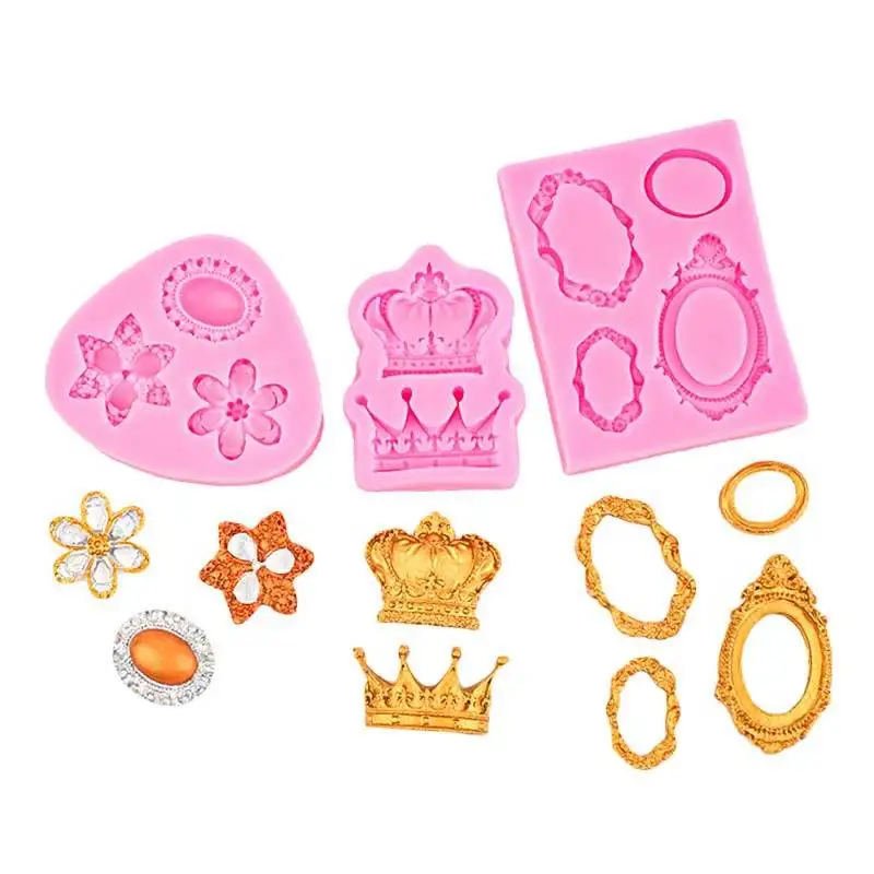 Baroque Frame Crown Jewelry Silicone Mold Relief Cupcake Topper Fondant Cake Decorating Tools Sugarcrafts Chocolate Candy Molds