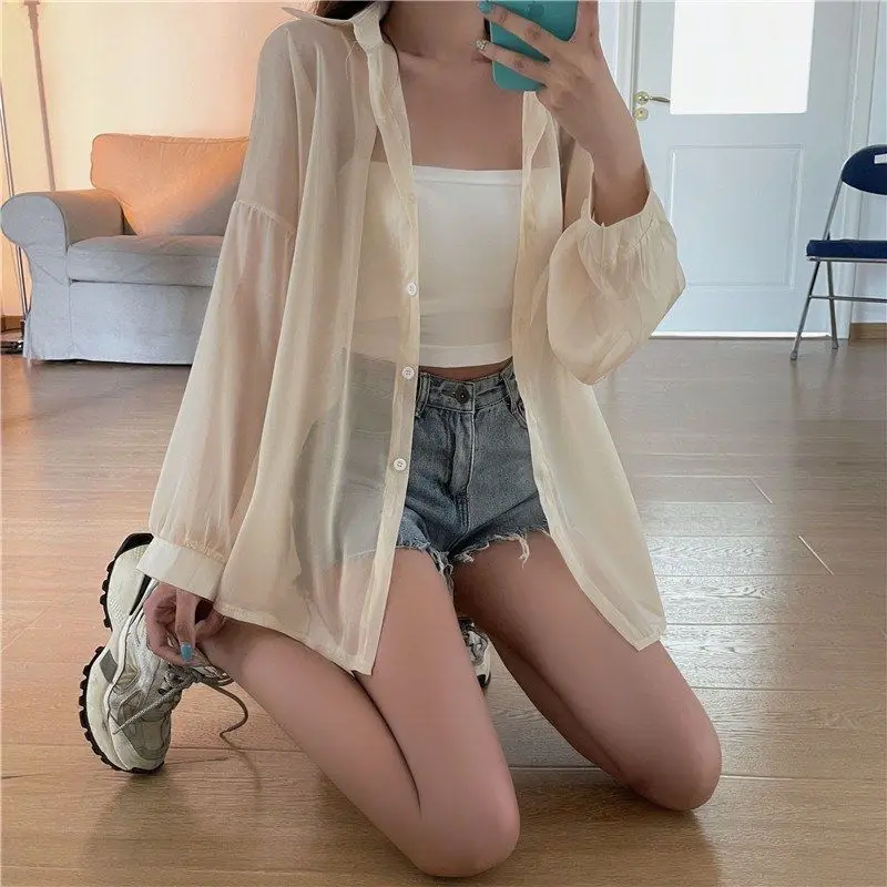 Rimcoy 2024 Summer Sunscreen Shirt for Women All Match Thin Chiffon Blouse Woman Korean Harajuku See Through Loose Shirts Female