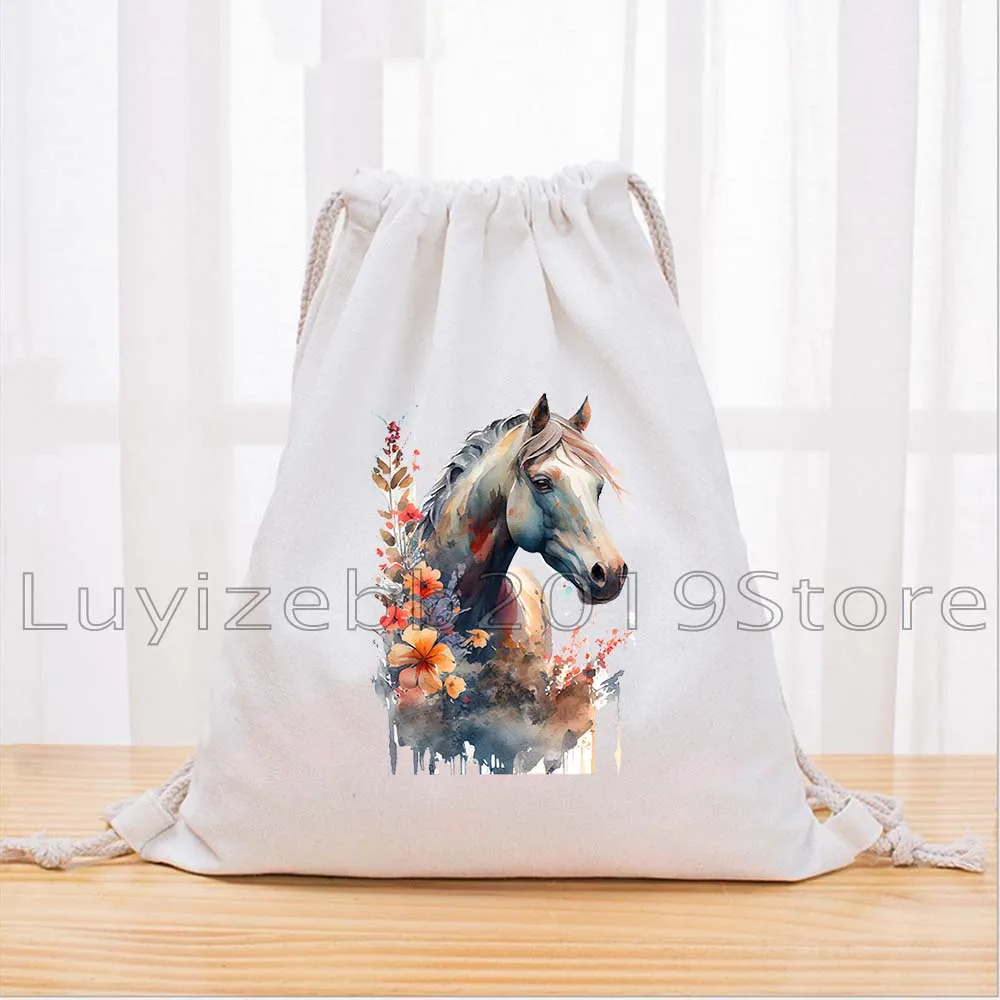Wild Spirit Floral Horse Oil Painting Canvas Drawstring Bag Soccer Backpack Gym Sackpack Gifts String Bag for Hiking Sports Yoga