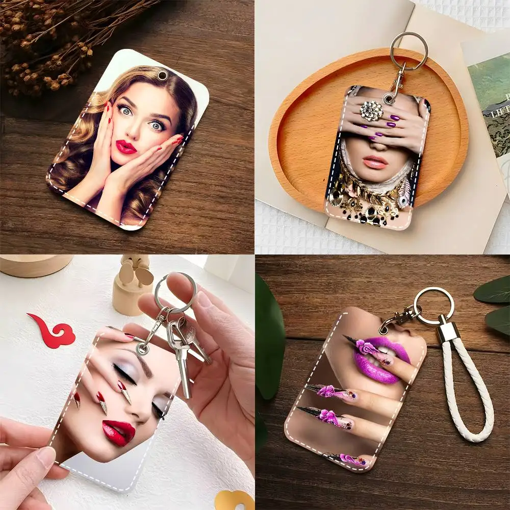 1pc Beauty Salon Nail Shapes Guide Card Case Keychain Access Card Bag Key Tag Ring Leather Card Holder Key Ring Access