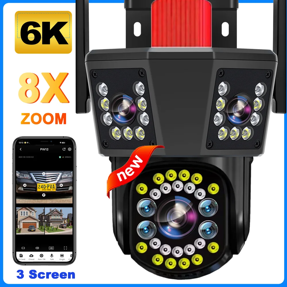 

12MP 6K HD WiFi IP Camera Outdoor 8X Zoom Three Lens Three Screen PTZ Video Cam Home Security Protection Surveillance CCTV