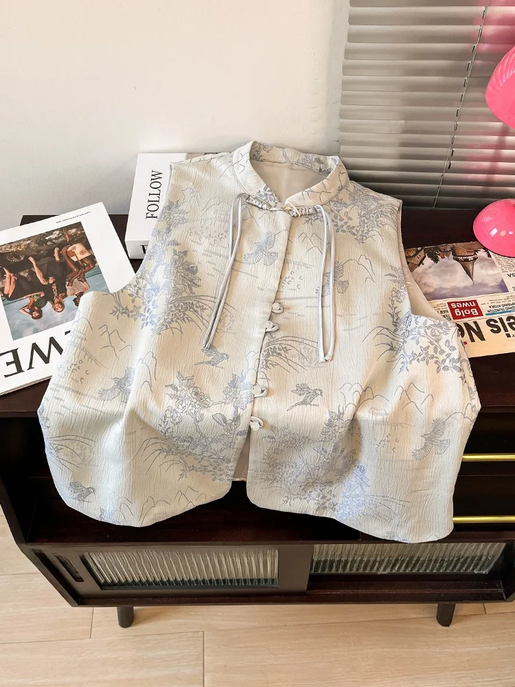 

New Chinese Sle Retro Embroidered Women's Vest Summer 2024 Tassel Buttoned National Sle Stand Collar oulder Pad Top