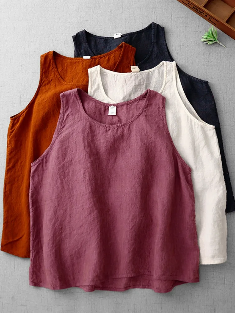سترة نسائية خفيفة الوزن من القطن والكتان بلون واحد، قميص صيفي رقيق بياقة مستديرة