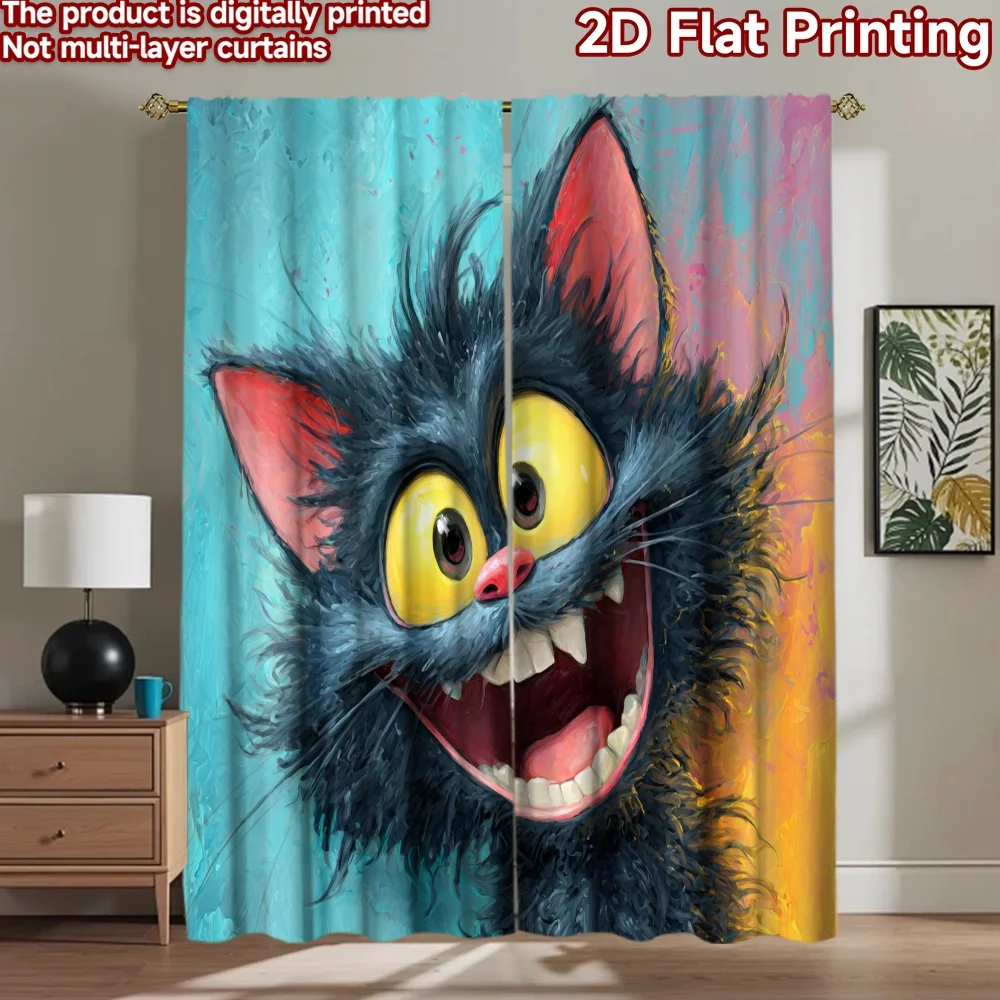 

2D flat printing 2pcs Window Curtains Black Cat Cute Cartoon_a Digital Printed Polyester Drapes All Season Party & Holiday Decor