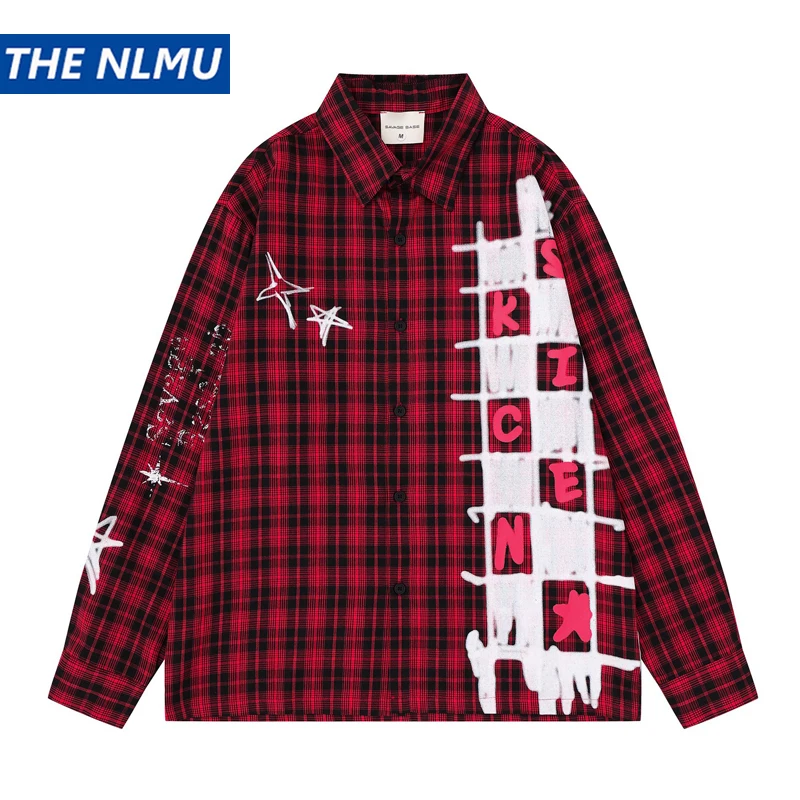 Men Vintage Graffiti Print Plaid Shirt 2026 Long Sleeve Casual Streetwear Oversized Button Tops Red