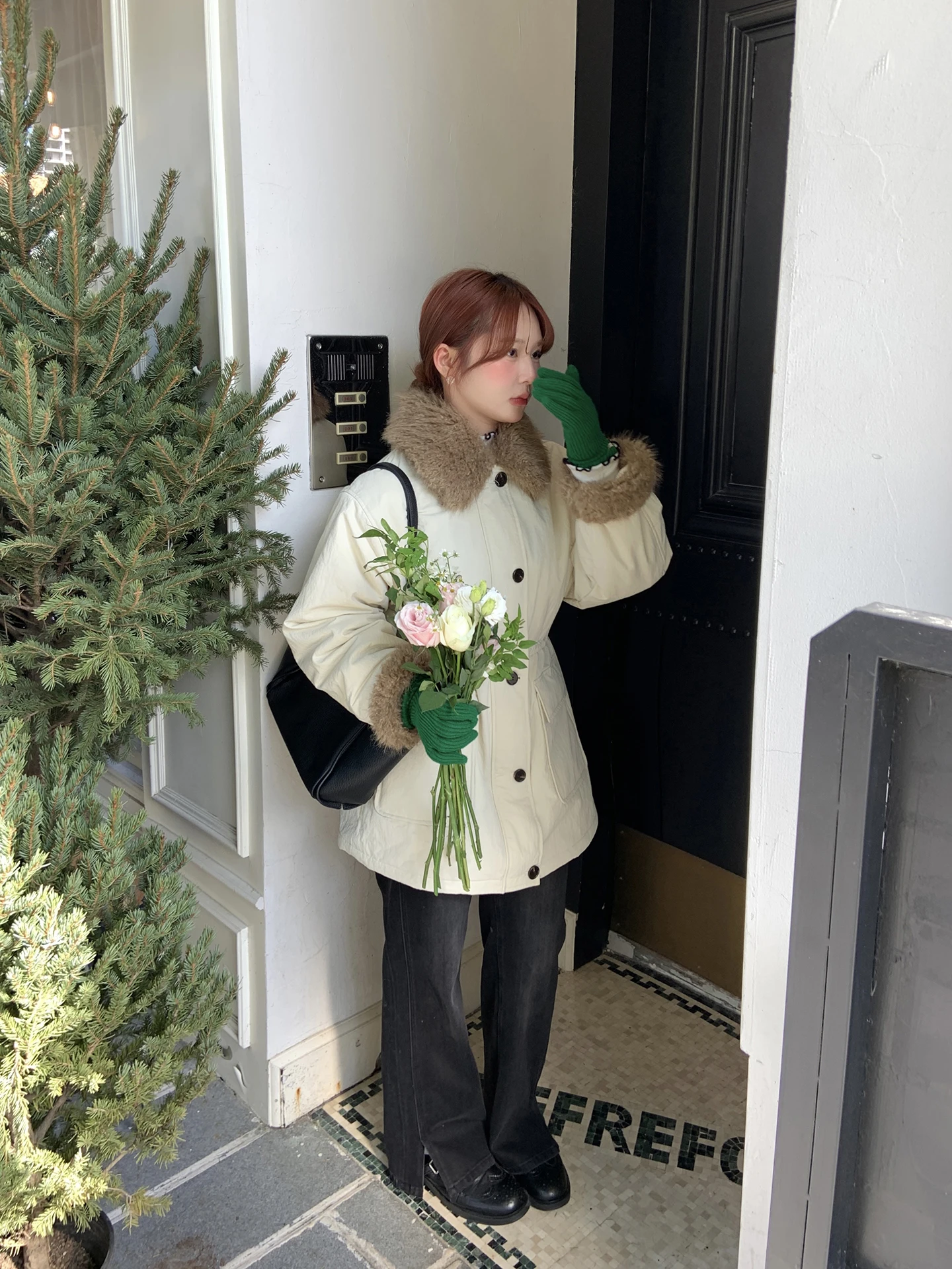 

Fuixue Winter Cotton Jaet Women's Korean Sle Medium Length Fur Collar Plump Faionable Workwear Parka Coat