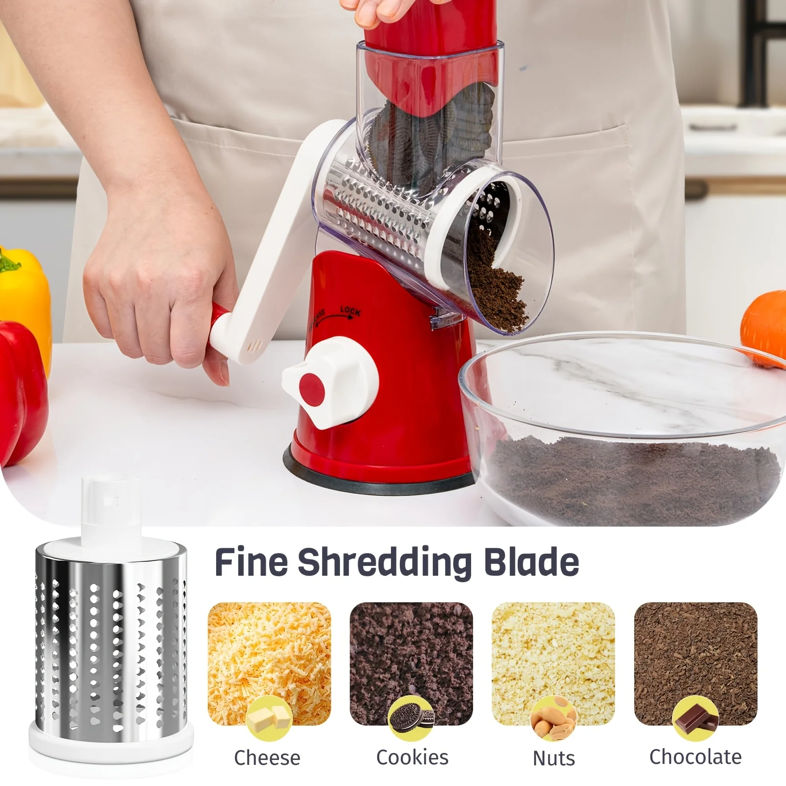 Râpe à fromage rotative 3 en 1, acier inoxydable avec 3 lames et base à forte aspiration, lave-vaisselle, pour légumes, noix