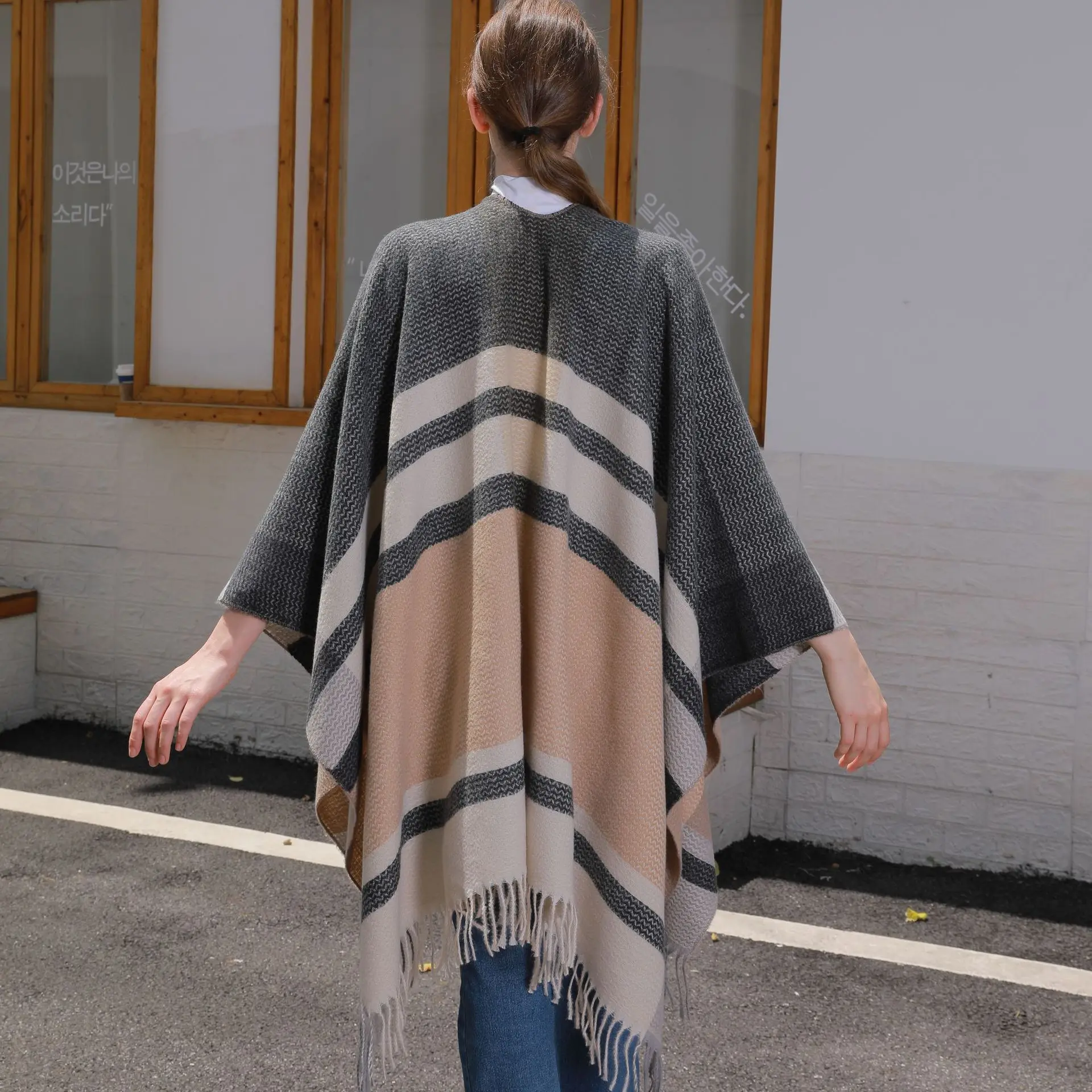 5 Colors Autumn Warm Double Side Bat Type Knitted Tassel Poncho Streetwear Faux Cashmere Women Printed Striped Shawl Cape