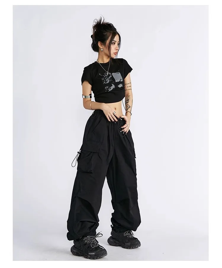 1 Stück Damen-Cargohose | Amerikanischer High-Street-Streetwear-Stil | Kordelzug, hohe Taille, lockere Passform, gerades Bein, weites Bein – Detail 7